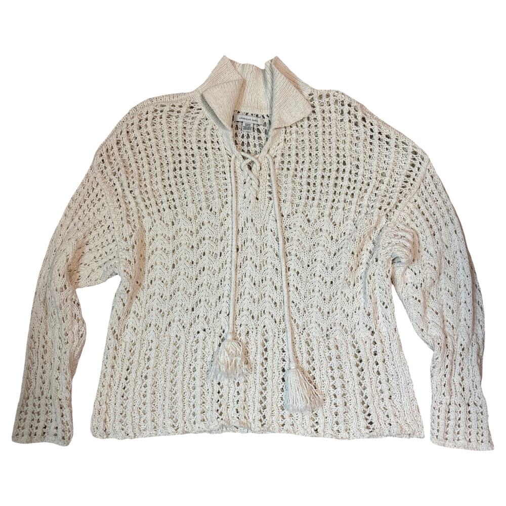 American Eagle Oversized Crochet Open Knit Lace Up Tassel Sweater Cream